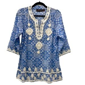 Liza Burd printed cotton tunic with cord trim accents, 3/4 sleeves, round neck M